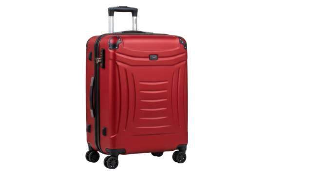 Red suitcase with telescoping handle and textured design on a dark background