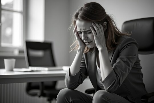 Portrait of a young businesswoman experiencing discomfort while seated at her office desk, accentuated with a monochromatic filter