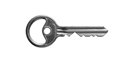 Silver key with curved head and ridged blade isolated on black