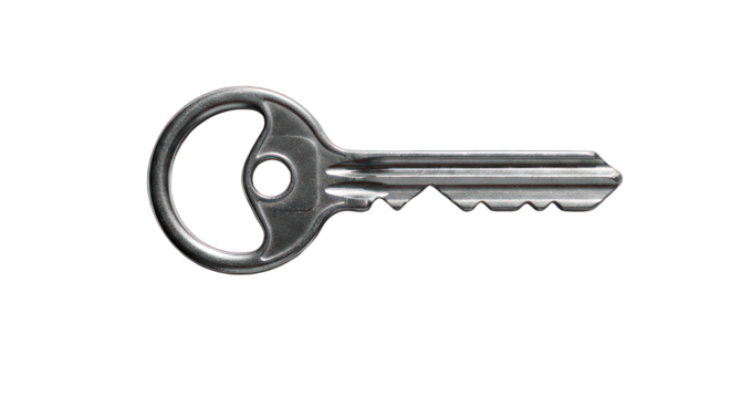 Silver key with curved head and ridged blade isolated on black