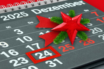 Deutscher Kalender Monat Dezember 2025  Feiertage Weihnachten und Silvester mit Dekoration
