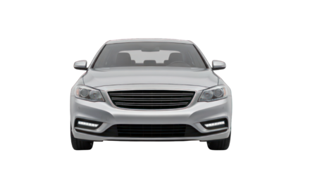 Silver sedan car head-on view, illuminated lights, against black background