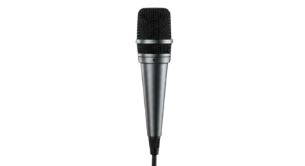 Silver metal microphone with mesh head, centered on a stark black background