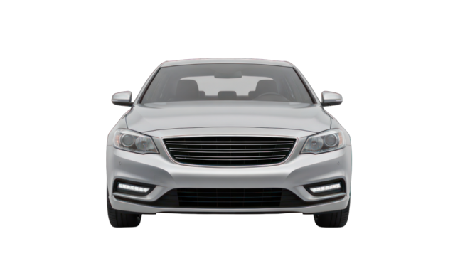 Silver sedan car head-on view, illuminated lights, against black background