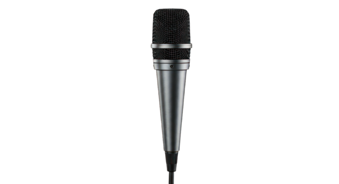 Silver metal microphone with mesh head, centered on a stark black background
