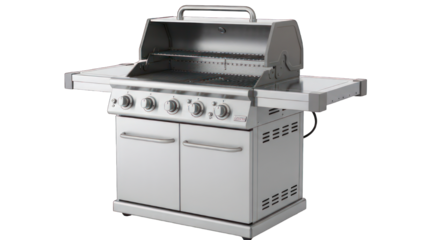 Stainless steel gas grill with open lid and cabinet doors