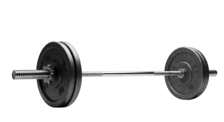 Steel barbell with weight plates, centered on dark background
