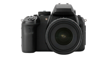 Sleek black digital camera with large lens, against a pure black background