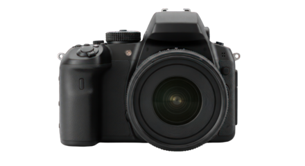 Sleek black digital camera with large lens, against a pure black background