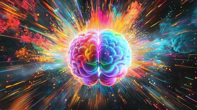 A colorful explosion of energy representing cognitive functions and brain activity in a creative visual display