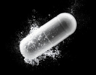 검정 배경에서 알약이 물에 반응하는 모습