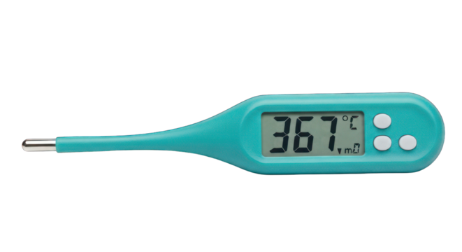 Teal digital thermometer showing 36.7°C on its LCD screen - Powered by Adobe