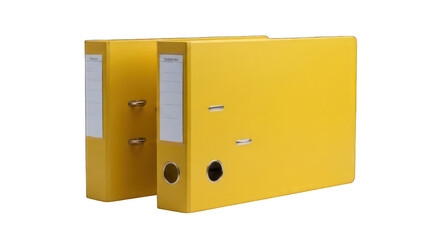 Two yellow ring binders stand upright, labels facing forward
