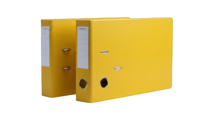 Two yellow ring binders stand upright, labels facing forward