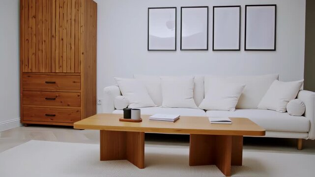 Simple Living Room with Wooden Furniture and White Sofa