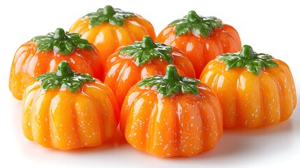 Mini pumpkin-shaped candies with bright orange glaze for Halloween celebration, isolated on white background
