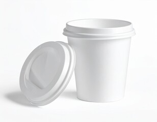 Blank Cylindrical Paper Cup Mockup with Lid: Isolated on White. Food & Beverage Packaging, Catering Branding
