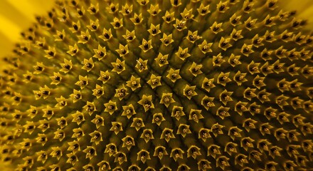 A closeup reveals the intricate center of a sunflower a dense pattern of yellow starshaped florets against a dark background