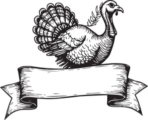 A charming turkey in a classic style, with a scroll below, creating a welcoming invitation, evoking a sense of tradition and seasonal joy.