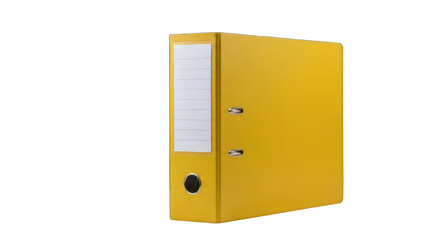 Yellow ring binder with label, against black backdrop, cropped tightly