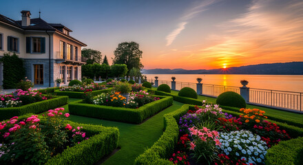 Obraz premium Picturesque view of a grand estate with a formal garden overlooking a tranquil lake at sunset, showcasing vibrant flowers and manicured hedges in a stunning landscape