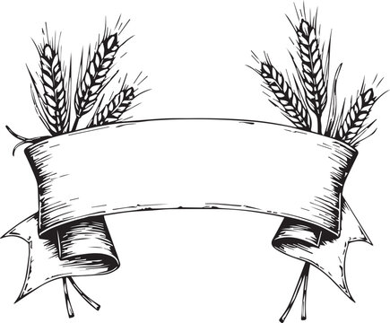 An Elegant, Hand-Drawn Banner with Wheat Stalks, perfect for conveying messages of nature, craftsmanship, or rustic charm. The detailed illustration is in a black and white.