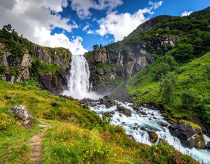 Obraz premium Waterfall Cascading Down Mountainside into Lush Valley on Sunny Day Under Partially Cloudy Sky