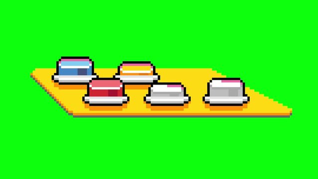 arcade button animation in pixel art style with green screen background