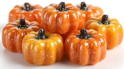 Mini pumpkin-shaped candies with bright orange glaze for Halloween celebration, isolated on white background