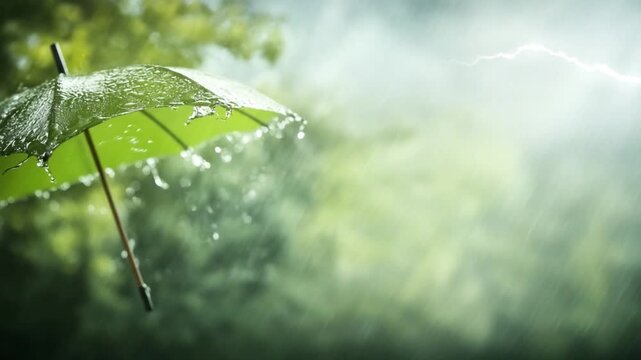 Rainy Day Protection: An open green umbrella stands resilient against the downpour, with water droplets glistening, as a streak of lightning illuminates the misty sky.