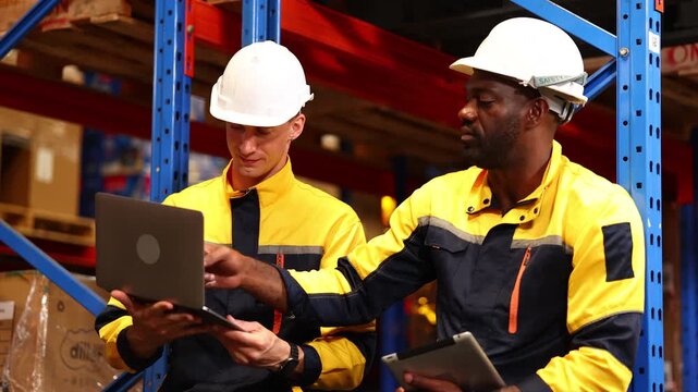 Laptop computer technology. Teamwork. Caucasian Man inventory manager talking with black man employees in warehouse. inventory for shipping, ecommerce or wholesale supplier