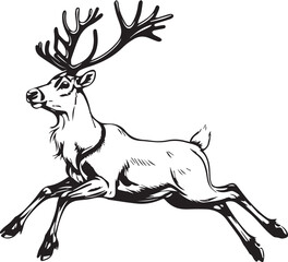 A majestic illustration of a deer, rendered in a striking black and white style, captures the animal in mid-leap. 