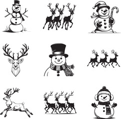 Obraz premium A charming collection of illustrated winter scenes. each detail hand-drawn to evoke warmth, winter, and holiday spirit. with snowmen and reindeer.