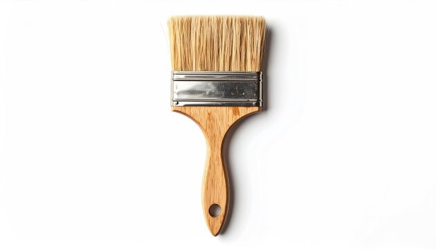 A simple wooden handled paintbrush with metal ferrule and light colored bristles sits isolated on a clean white background in a studio shot - Powered by Adobe