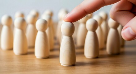 Close-up of hand selecting wooden peg doll from group — recruitment, leadership, and individual choice concept.