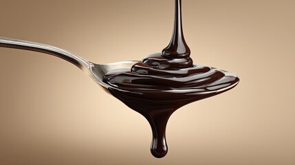 Liquid Dark Chocolate Dripping from Metal Spoon in Soft Light