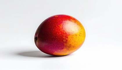 A Single Ripe Mango Fruit With Red Yellow Orange Skin Texture Isolated On A White Studio Background With Soft Light And Shadow