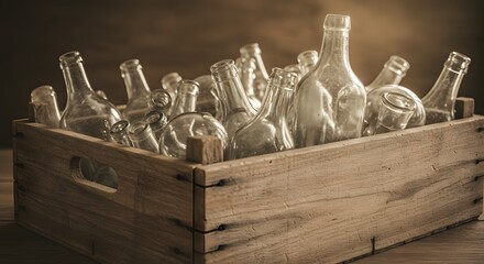 A crate is filled with clear glass bottles