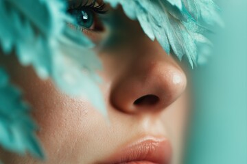 Close up portrait of young woman with turquoise feathers near eye creating soft artistic beauty and dreamlike mood