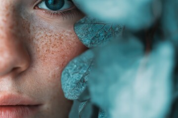 Close up portrait of freckled young woman with blue eye surrounded by eucalyptus leaves in soft natural light