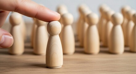 Close-up of hand selecting wooden peg doll from group — recruitment, leadership, and individual choice concept.