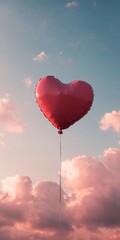 Fototapeta premium A Heart-Shaped Balloon Floating Gracefully Among Cotton Candy Clouds in a Dreamy, Ethereal Sky