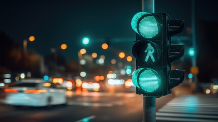 Green Traffic Signal at Night with Pedestrian Crossing Indicator