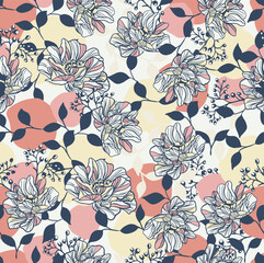 Beautiful seamless floral pattern with hand-drawn peonies and leaves in line art style, layered over abstract pastel shapes. Feminine botanical, textiles, wallpapers, stationery, and packaging design.