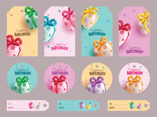 Birthday gift tags vector set design. Happy birthday greeting text with balloons inflatable gifts elements for party celebration tags collection. Vector illustration gift tags set.