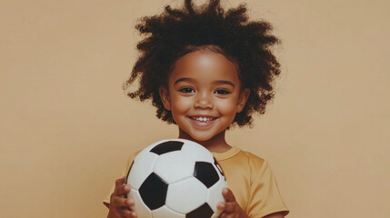 Smiling child holding a soccer ball on warm background