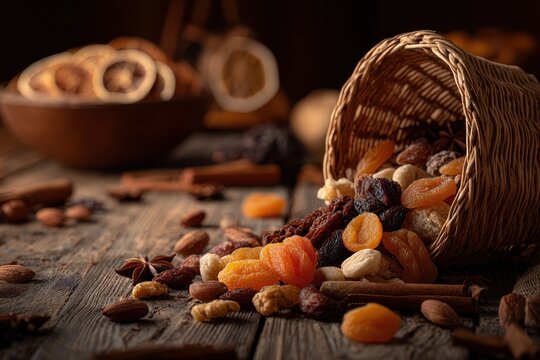 Dried fruits and nuts spilling from a wicker basket onto a rustic wooden table surface top view - Powered by Adobe