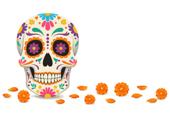 Day of the Dead Sugar Skull with Marigolds Dia de los Muertos Vector Illustration