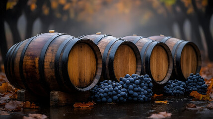 Wooden wine barrels and grapes in autumn vineyard setting