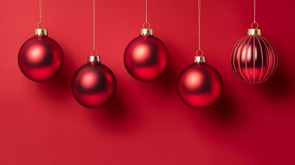 Five red christmas ornaments hanging on red background